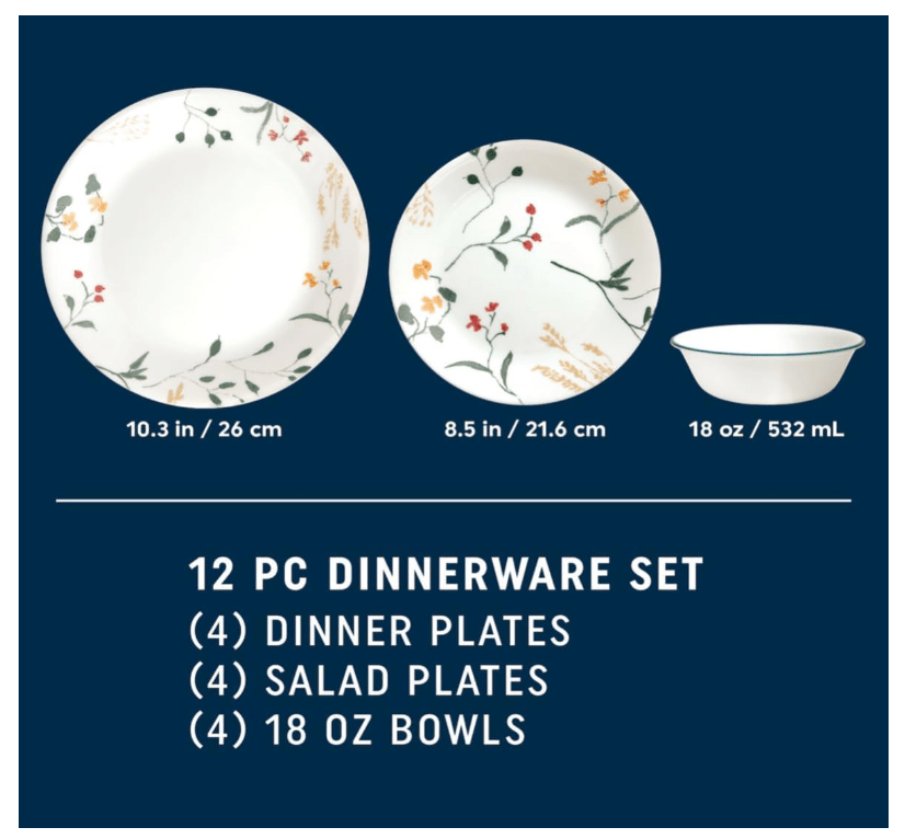 Corelle Vitrelle Dinnerware Wildflower Scatter 12 pieces Lightweight 71160157248 No Promo Code Needed!