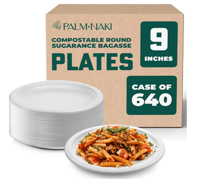 Palm Naki Bagasse Round Plate 640 pieces 9 inches 840320606182 No Promo Code Needed!