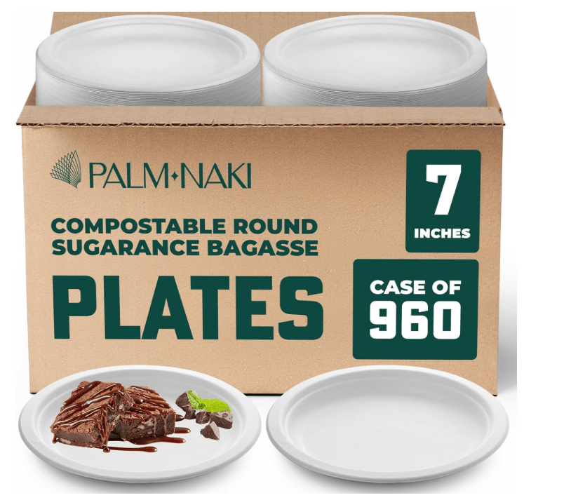 Palm Naki Bagasse Round Plate 960 pieces 7 inches 840320606175 No Promo Code Needed!