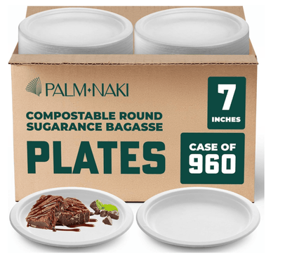 Palm Naki Bagasse Round Plate 960 pieces 7 inches 840320606175 No Promo Code Needed!