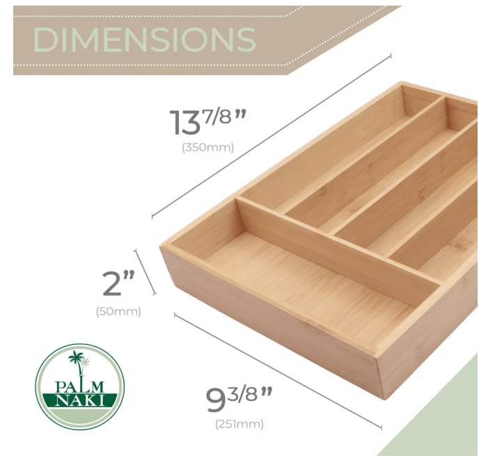 Palm Naki Bamboo Cutlery Organizer Tray 13.38"D x 9.88"W x 2"H 1 Piece Natural Classic 840320602436 No Promo Code Needed!