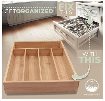 Palm Naki Bamboo Cutlery Organizer Tray 13.38"D x 9.88"W x 2"H 1 Piece Natural Classic 840320602436 No Promo Code Needed!